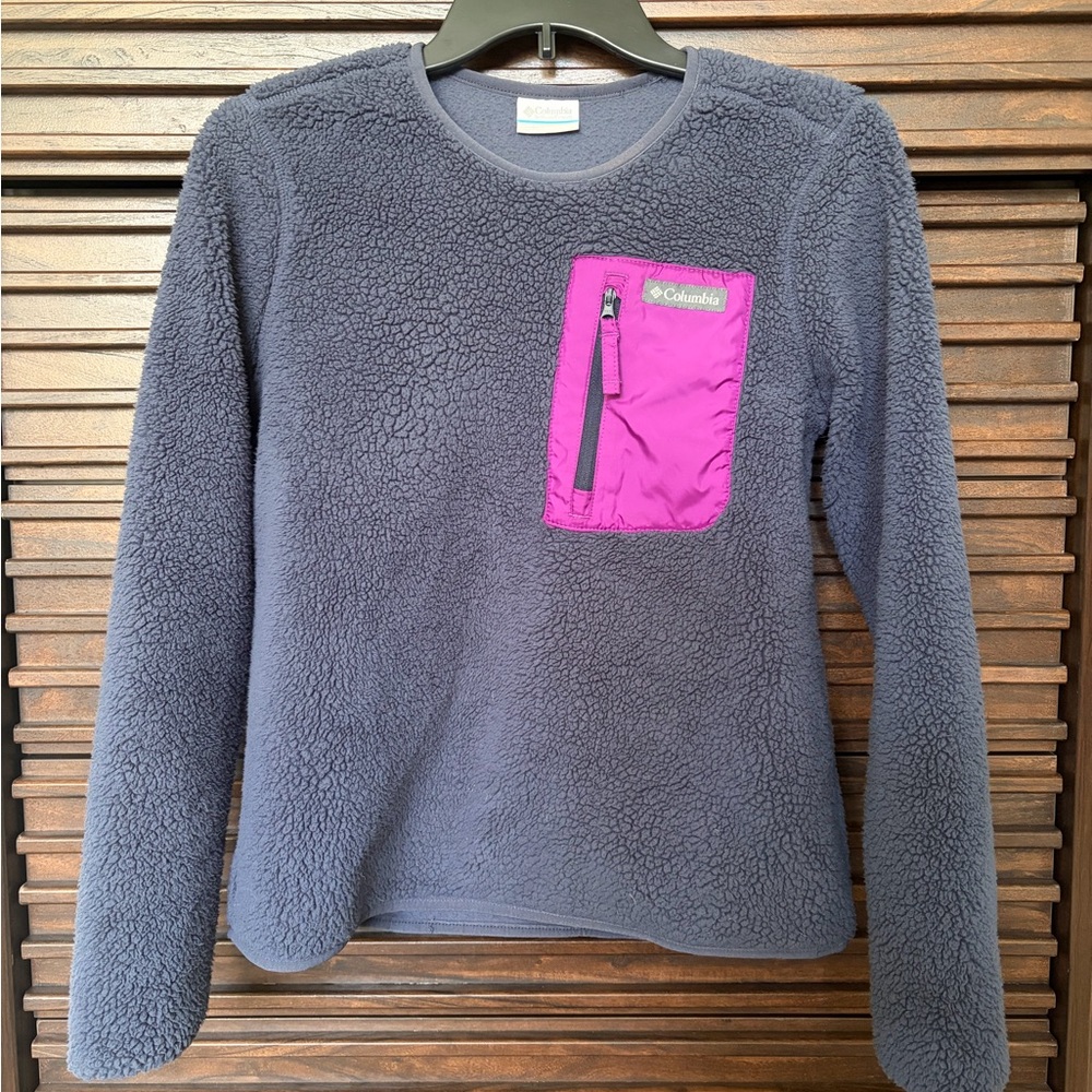 Columbia Women's Crew Neck Fleece Sweater - Gray with Purple Accent
